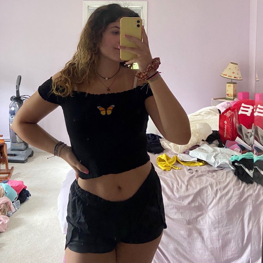 Orange butterfly off the shoulder shirt